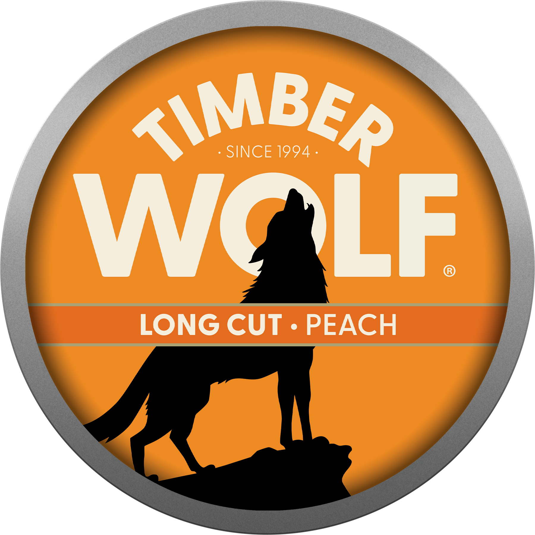 Can of Timber Wolf Moist Snuff long cut in peach flavor