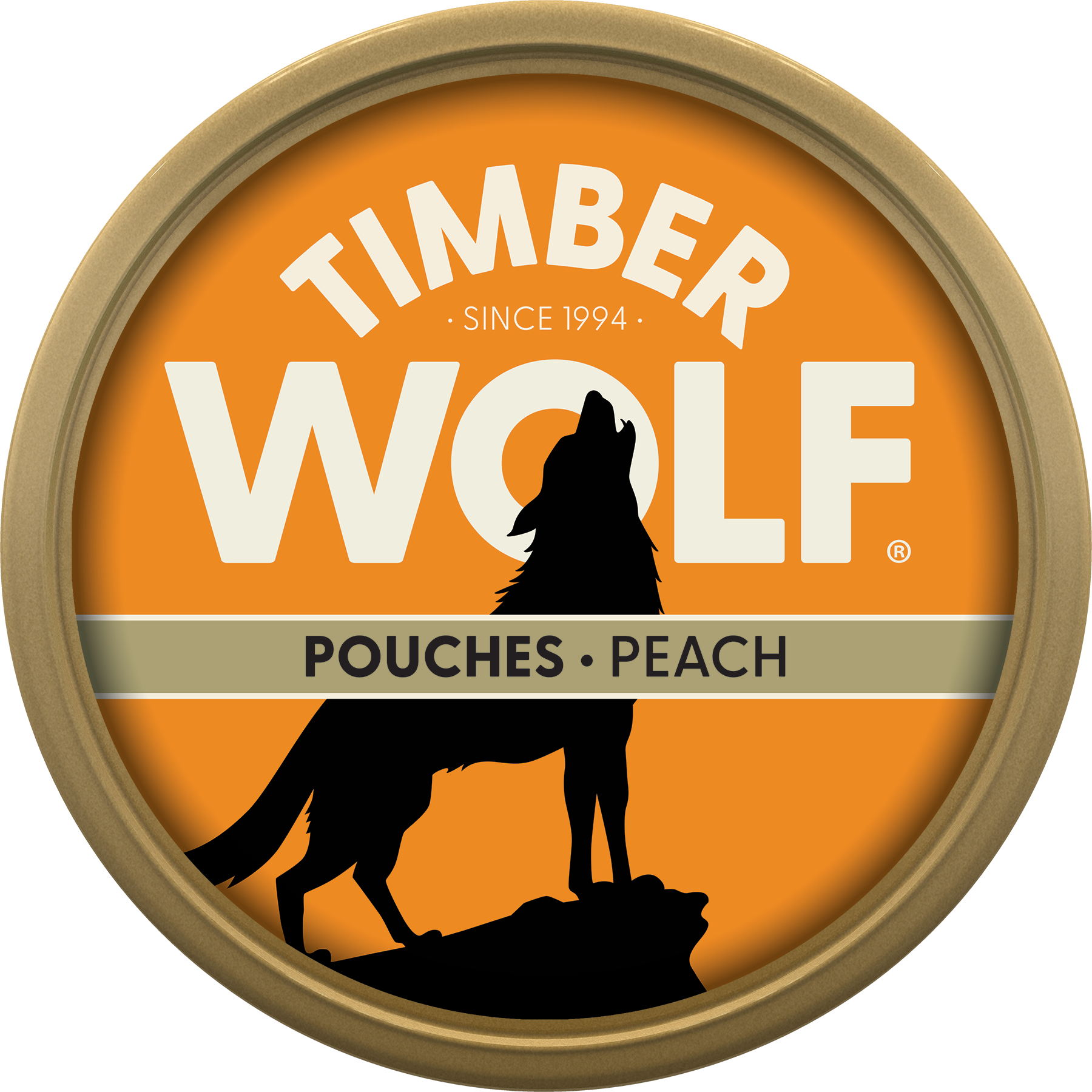 Can of Timber Wolf Moist Snuff pouches in peach flavor