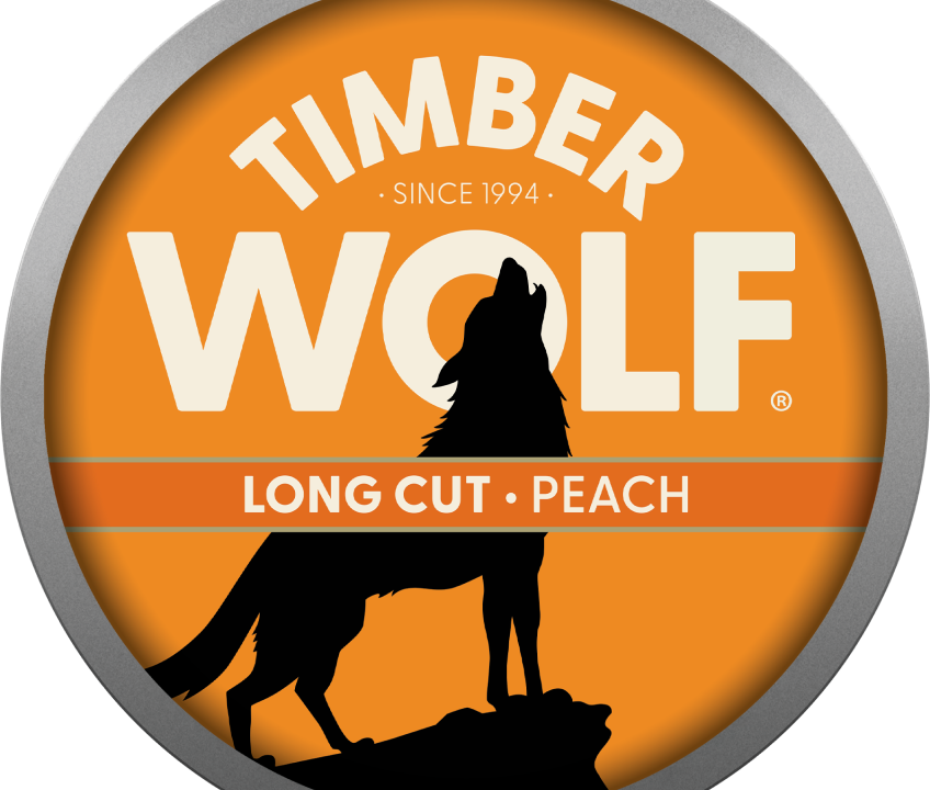 Can of Timber Wolf Moist Snuff pouches in peach flavor